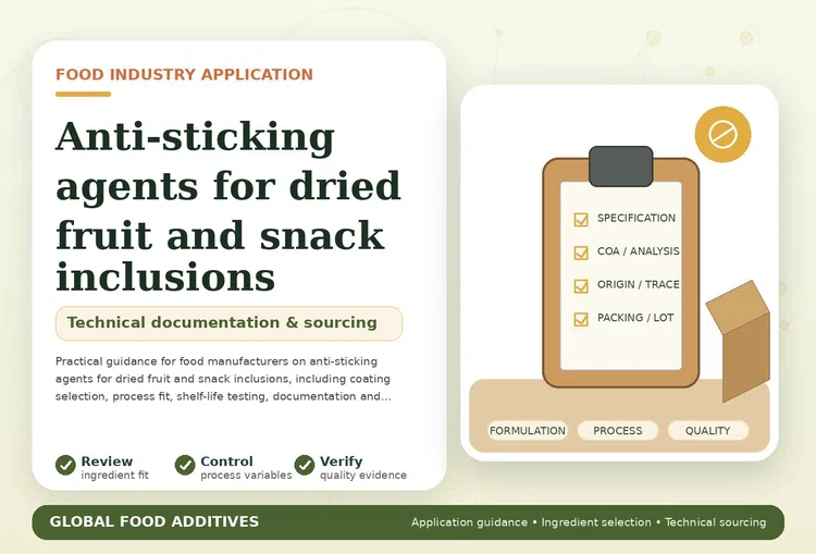 Anti-sticking coating for dried fruit and snack inclusions