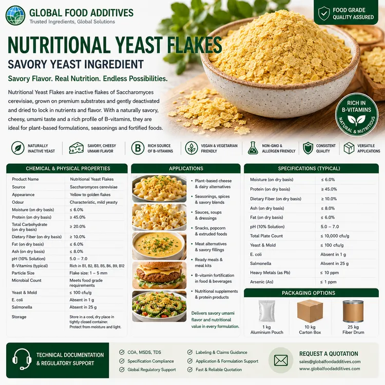 Food-grade Nutritional Yeast Flakes for savory, cheesy and umami food applications