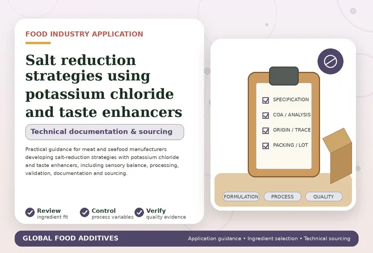 Salt reduction using potassium chloride and taste enhancers in meat and seafood products