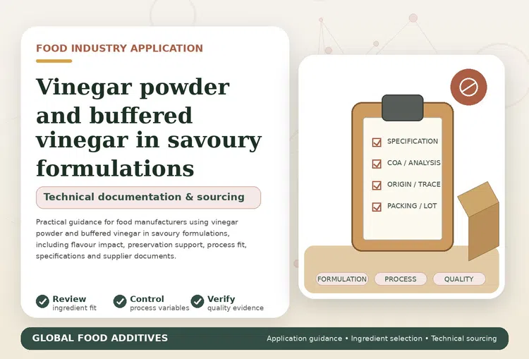 Vinegar powder and buffered vinegar used in savoury food formulations
